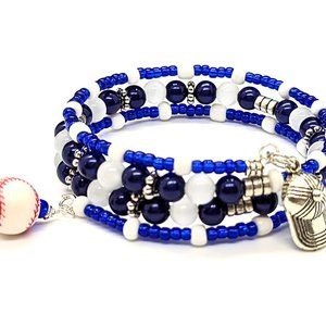 Blue and White Baseball Charm Bracelet with Baseball Cap and Baseball Charms